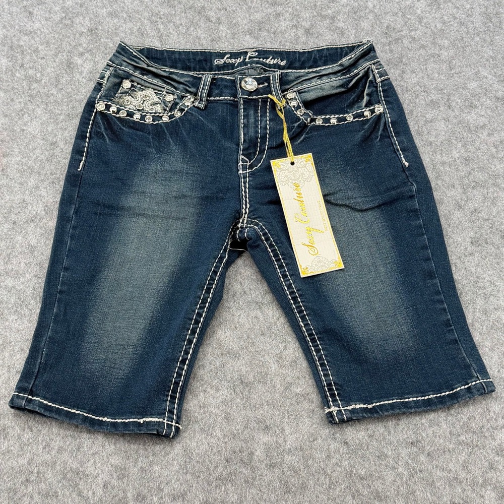 Sexy Couture Denim Bermuda Shorts Dark Wash Rhinestone Cross Size 5 NEW
